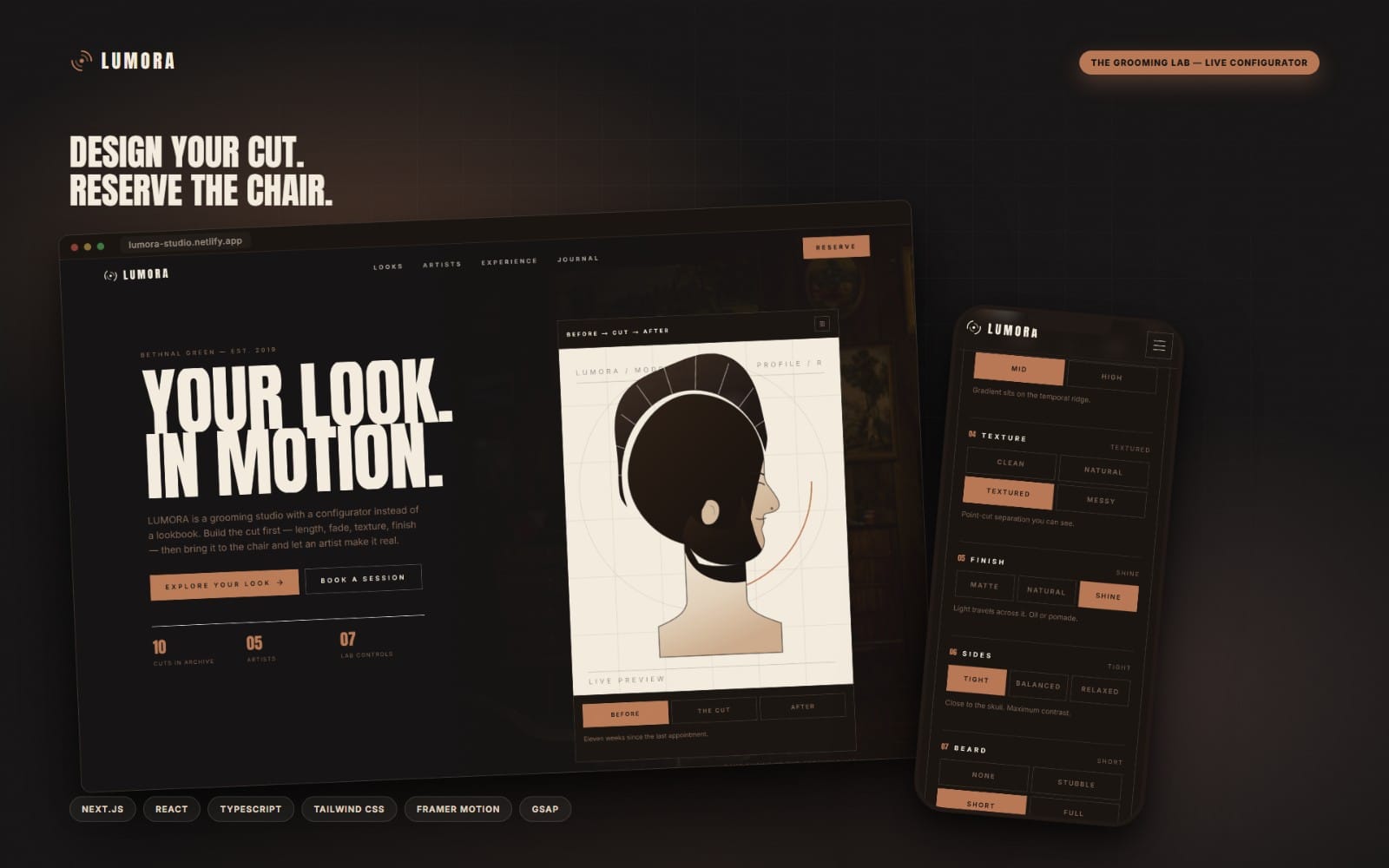 Three UI mockups for LUMORA interactive grooming studio template with before-after cut configurator panels