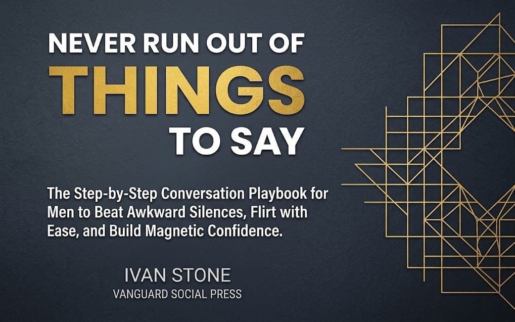Book cover for Never Run Out of Things to Say with bold title and geometric gold line artwork on dark background