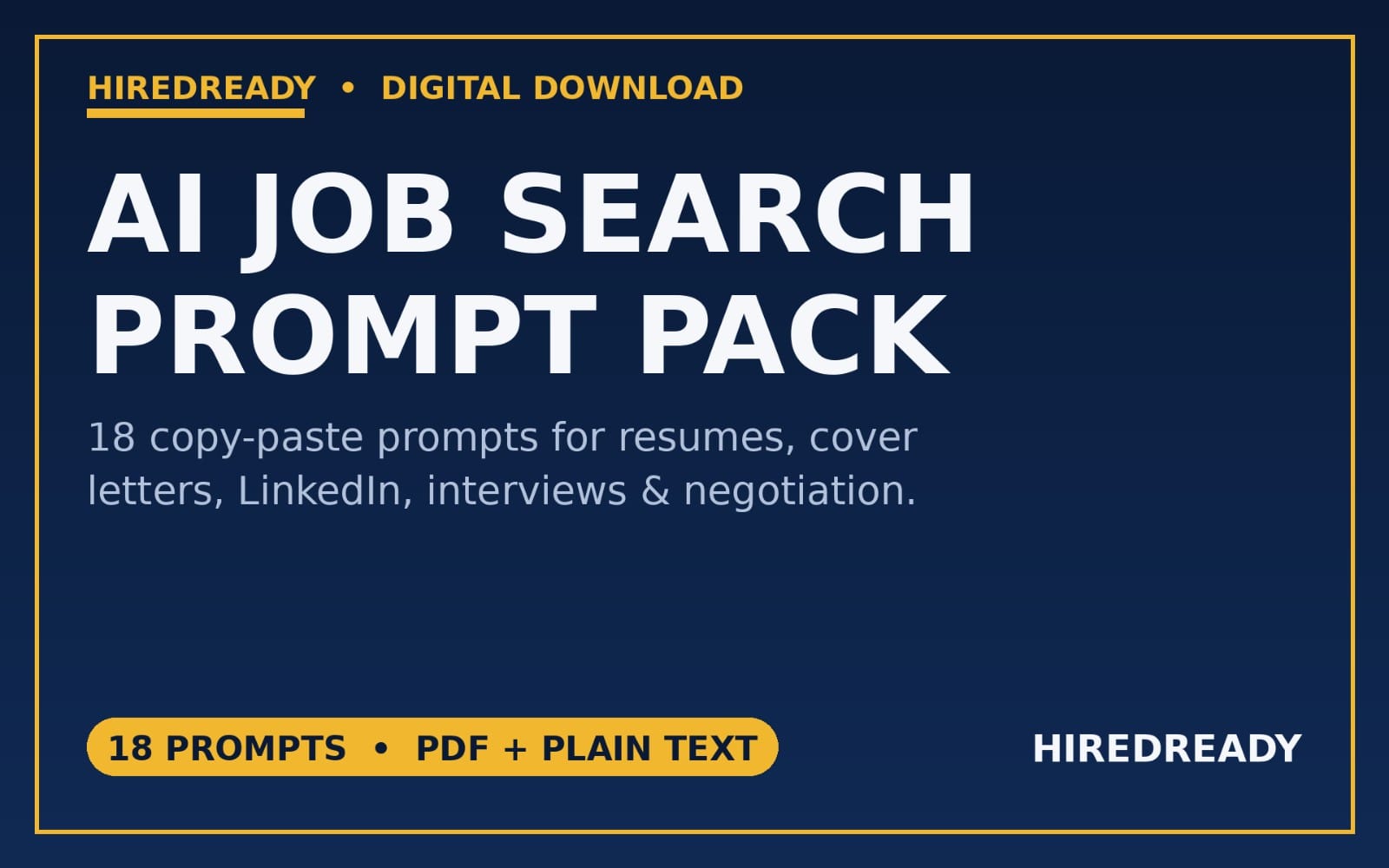 AI job search prompt pack banner with 18 copy-paste prompts for resumes, cover letters, LinkedIn and interviews