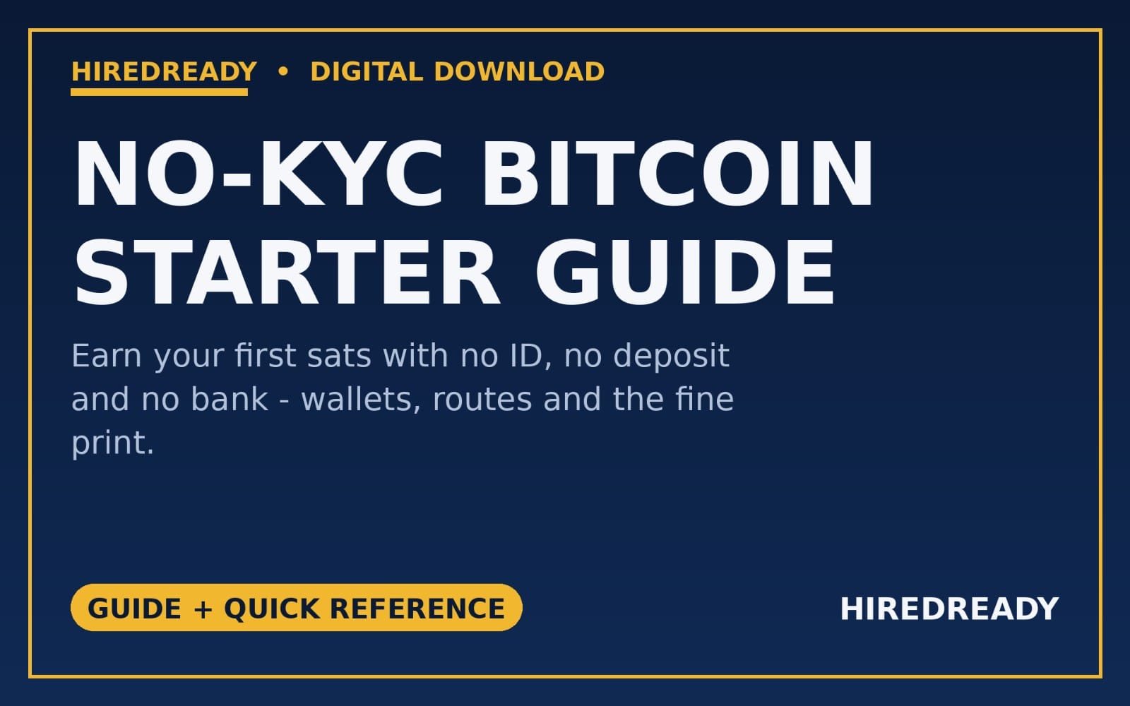 No-KYC Bitcoin Starter Guide digital download cover with text and icons on a dark blue background
