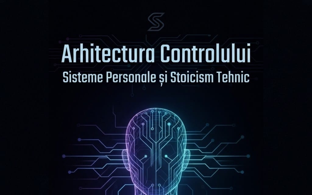 Digital ebook cover with futuristic circuit brain and Romanian title about personal systems and technical stoicism