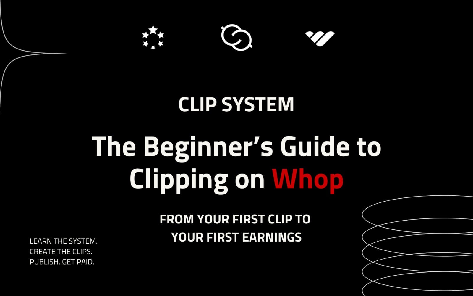 CLIP SYSTEM beginner guide title card for clipping on Whop with icons and promotional text on a dark background