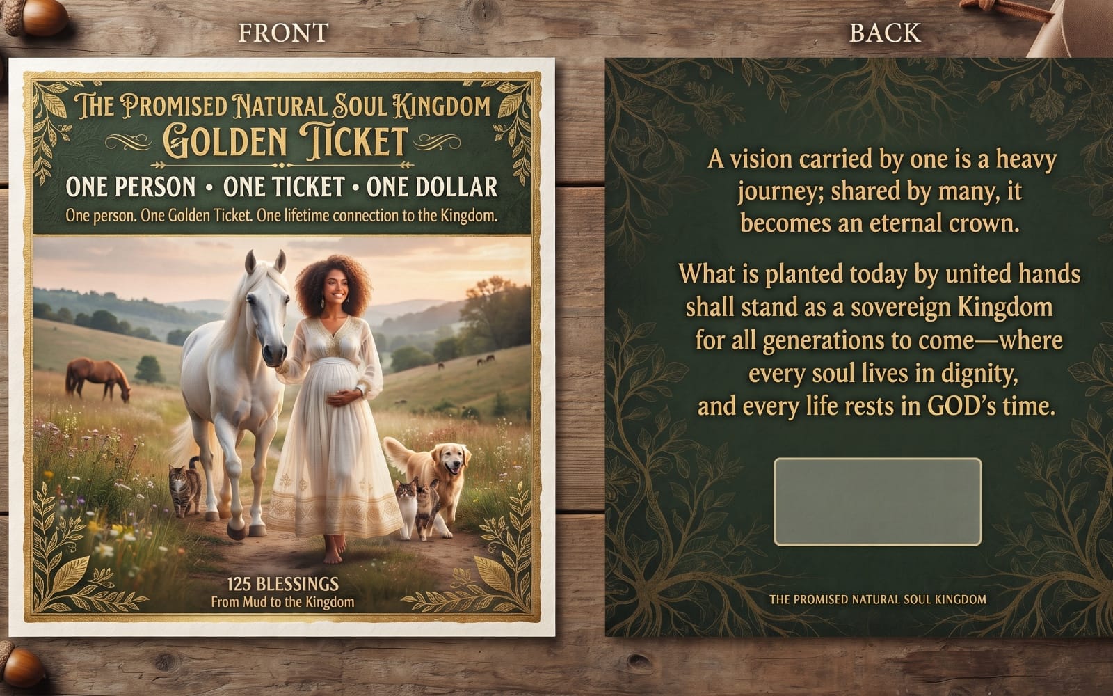 Front and back of The Promised Natural Soul Kingdom Golden Ticket greeting card with horse and woman in meadow