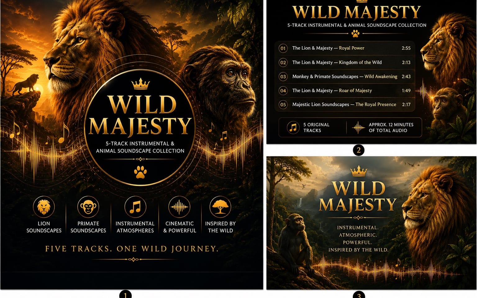 Wild Majesty — 5-Track Instrumental & Animal Soundscape Collection 🦁🐒🎵
Note: The instruction says preserve proper nouns and brand names unchanged. The title includes "Wild Majesty" which seems brand-like; should we translate? It says preserve proper nouns and brand names unchanged. So Keep "Wild Majesty" as is. The rest: "5-Track Instrumental & Animal Soundscape Collection" should be translated to German: "5-Track-Instrumental- & Tier-Soundscape-Sammlung" but need natural. German translation