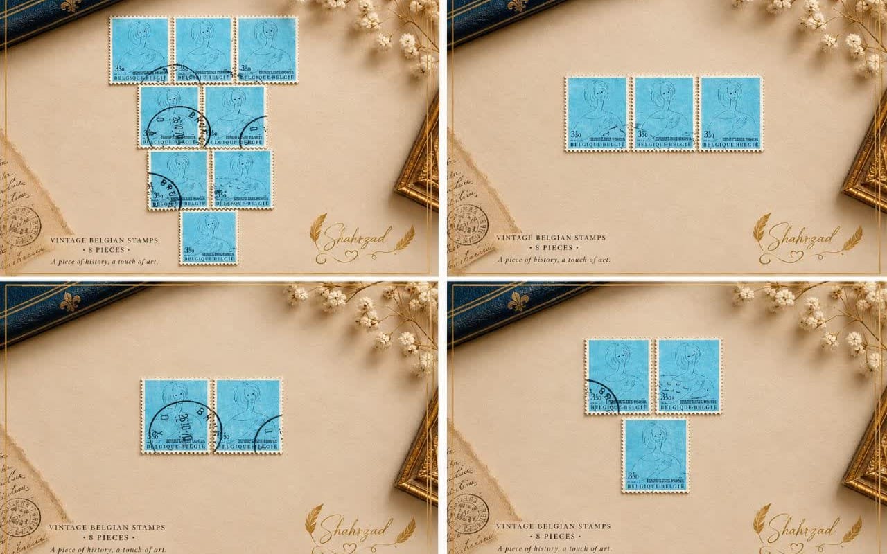 Set of 8 vintage Belgian postage stamps on beige background with decorative floral elements and framed look