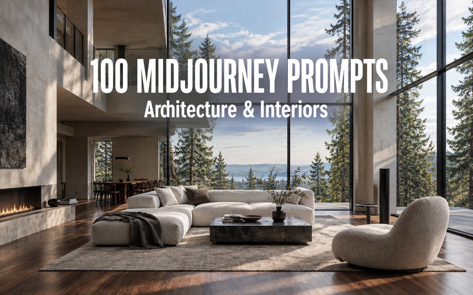 Minimalist living room interior with large windows and couch, with text advertising 100 Midjourney architecture prompts