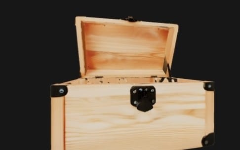 Low-poly fantasy treasure chest game asset model, wooden open chest on dark background with hinges and latch