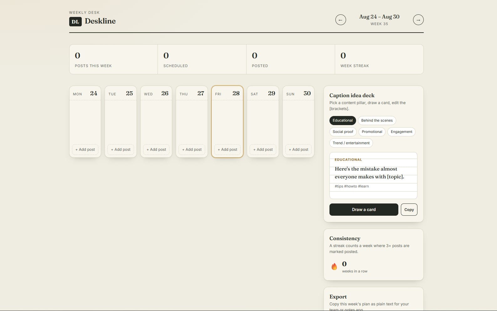 Deskline — Weekly Social Content Planner & Caption Idea Deck