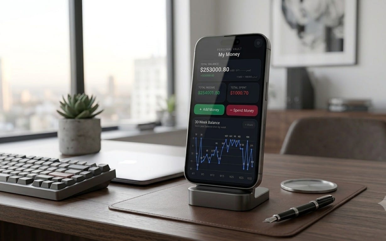 Smartphone showing a personal finance wallet dashboard with balance, income and expense charts on a desk