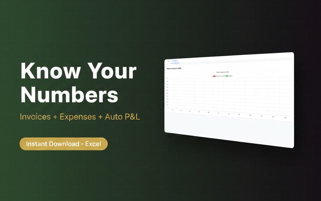 Excel small business finance toolkit showing auto P&L dashboard with invoice and expense tracker on a dark green banner