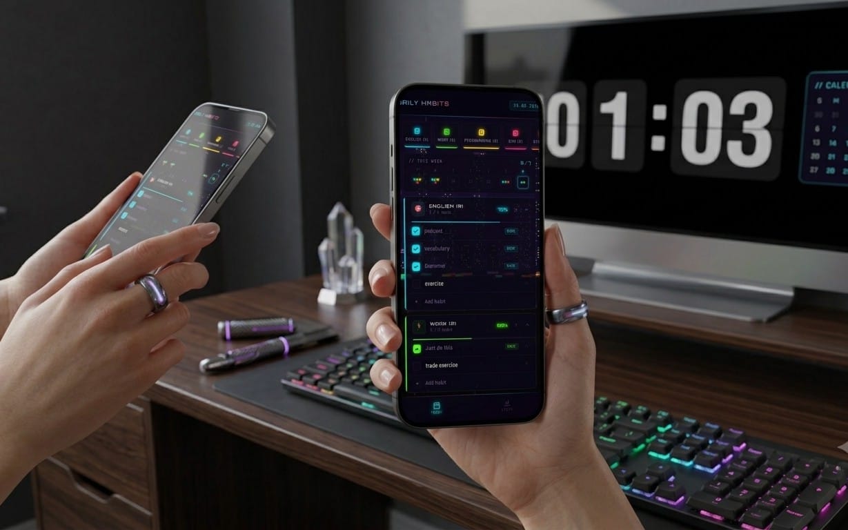 Hands using a smartphone showing a pixel habit tracker dashboard, with an HTML CSS JavaScript template mockup scene