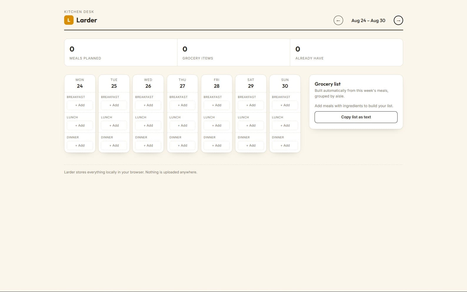 Larder — Weekly Meal Planner & Auto Grocery List
