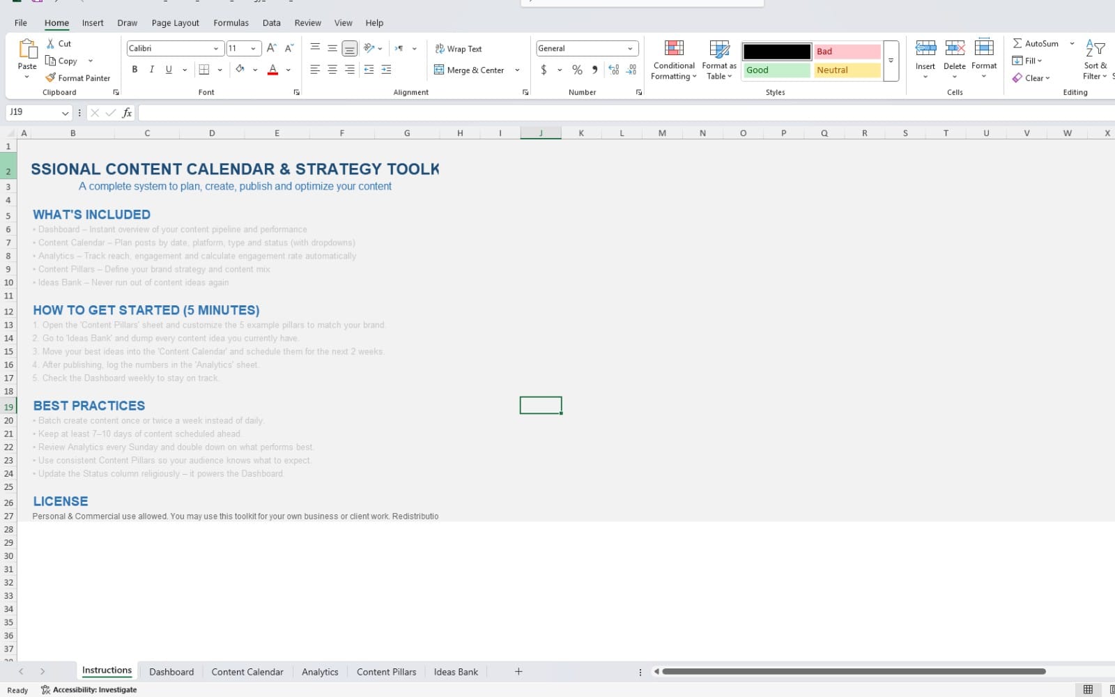 Professional Content Calendar & Strategy Toolkit 2026 | Excel Planner for Creators