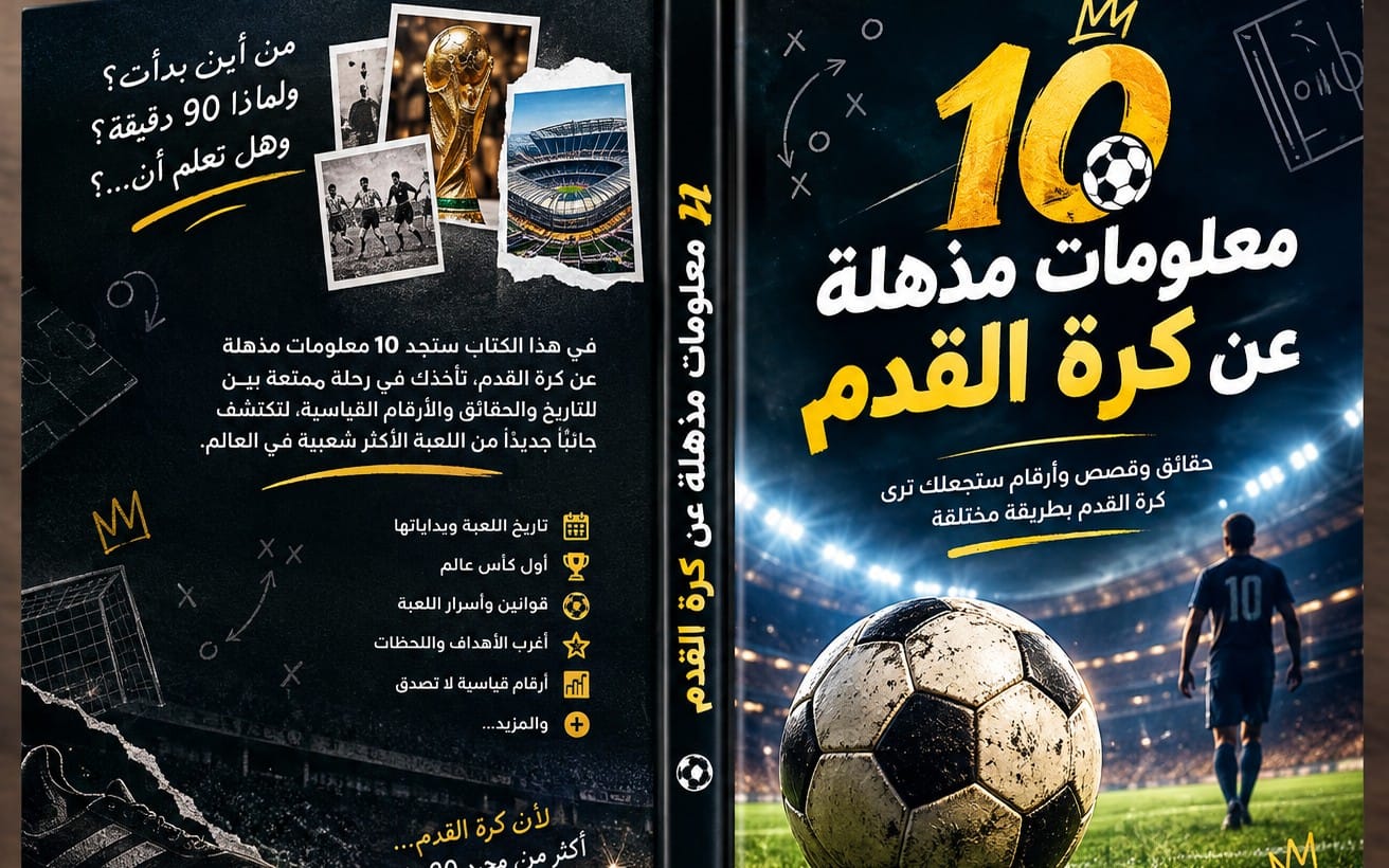 Arabic digital PDF cover for a soccer book featuring a large ball, bold yellow text, and stadium imagery