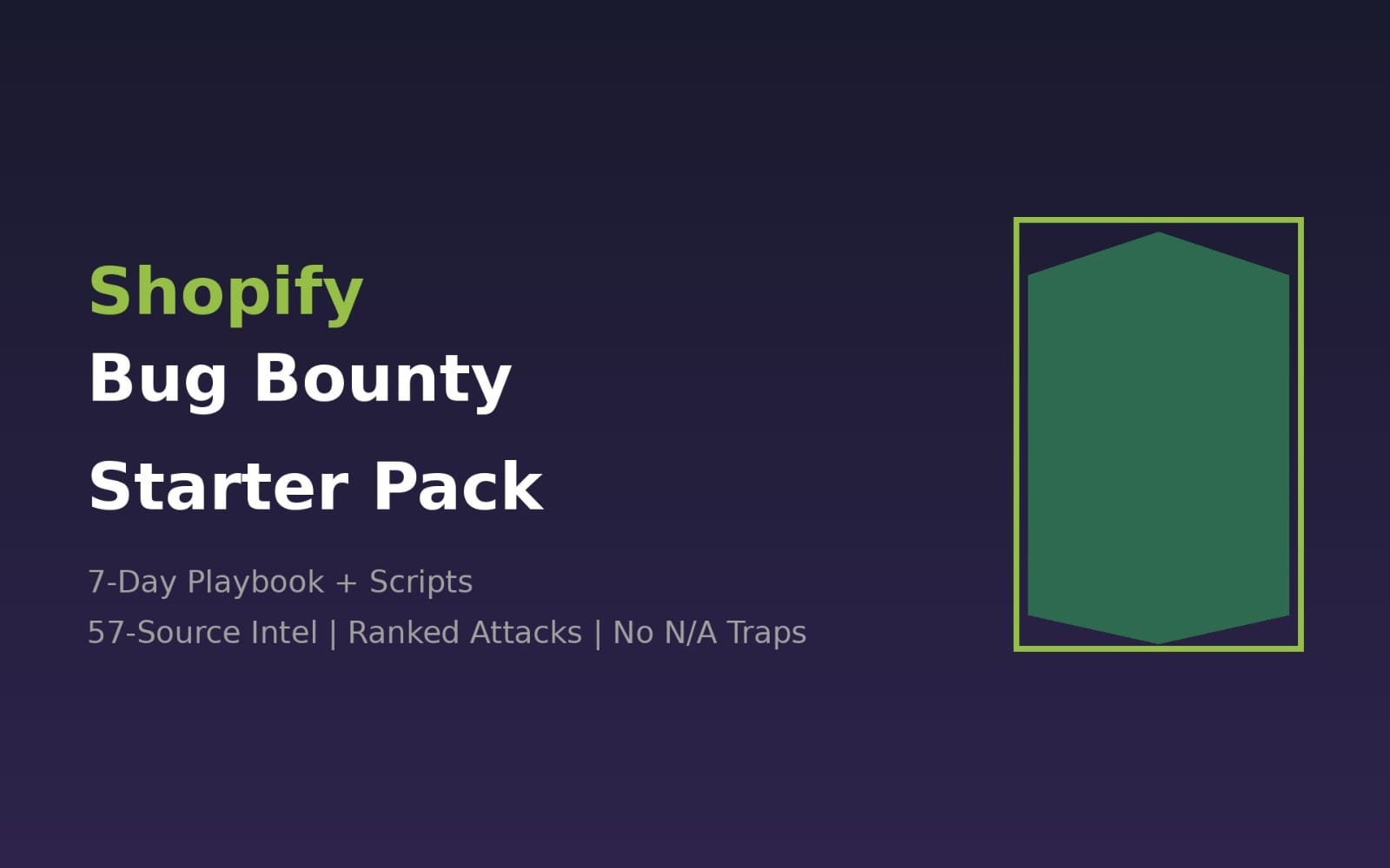 Shopify Bug Bounty Starter Pack banner with green shield icon and text details on a dark gradient background
