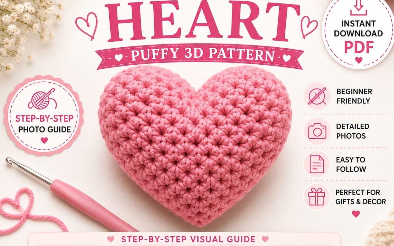 Crochet Heart Pattern PDF, Easy Beginner Crochet Heart Applique, Multiple Sizes, Valentine Heart Pattern, Instant Download, Photo Tutorial
