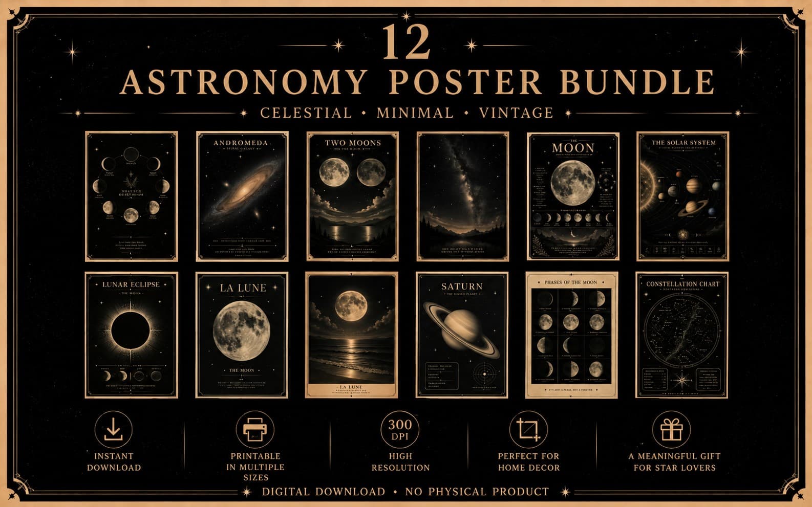 12 Moon Aesthetic Printable Wall Art Posters | A4 | 300 DPI | Instant Download