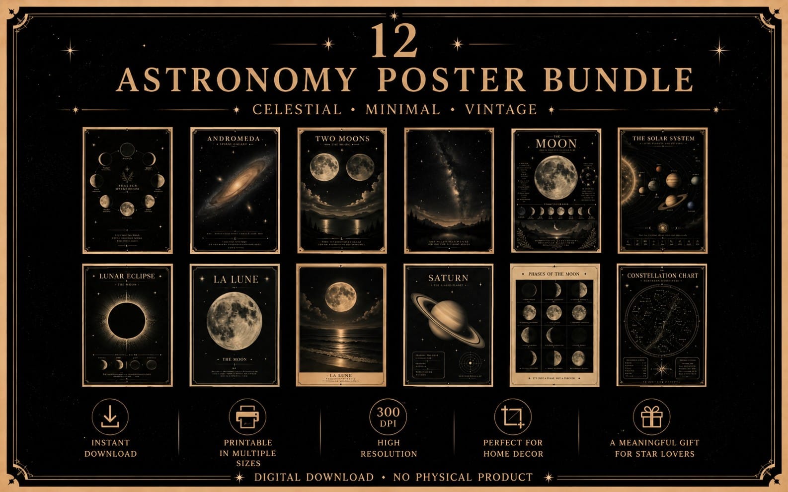12 Moon Aesthetic Printable Wall Art Posters | A4 | 300 DPI | Instant Download