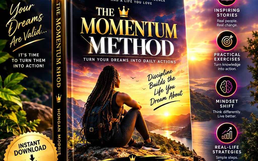 The Momentum Method digital self-help book cover featuring sunrise landscape and motivational text