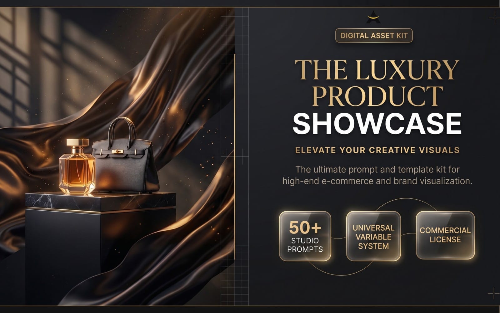 Luxury studio product showcase digital asset kit with bag, perfume, sparkly draped backdrop and promotional text
