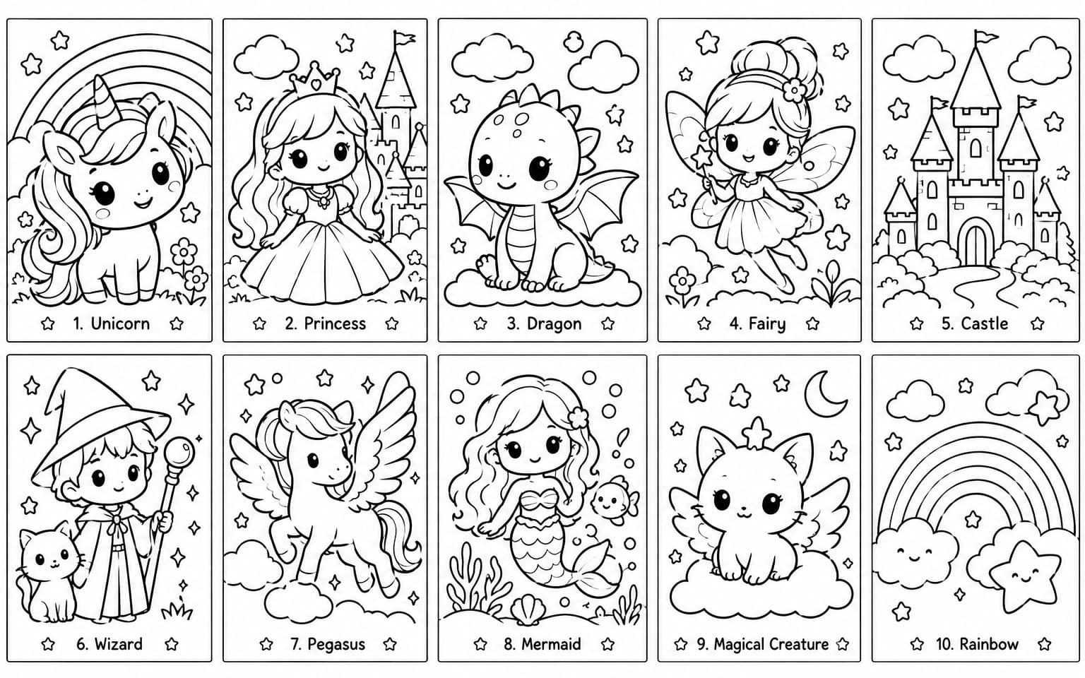 Set of ten black-and-white cute fantasy character coloring pages for kids with unicorn, princess, dragon, fairy and