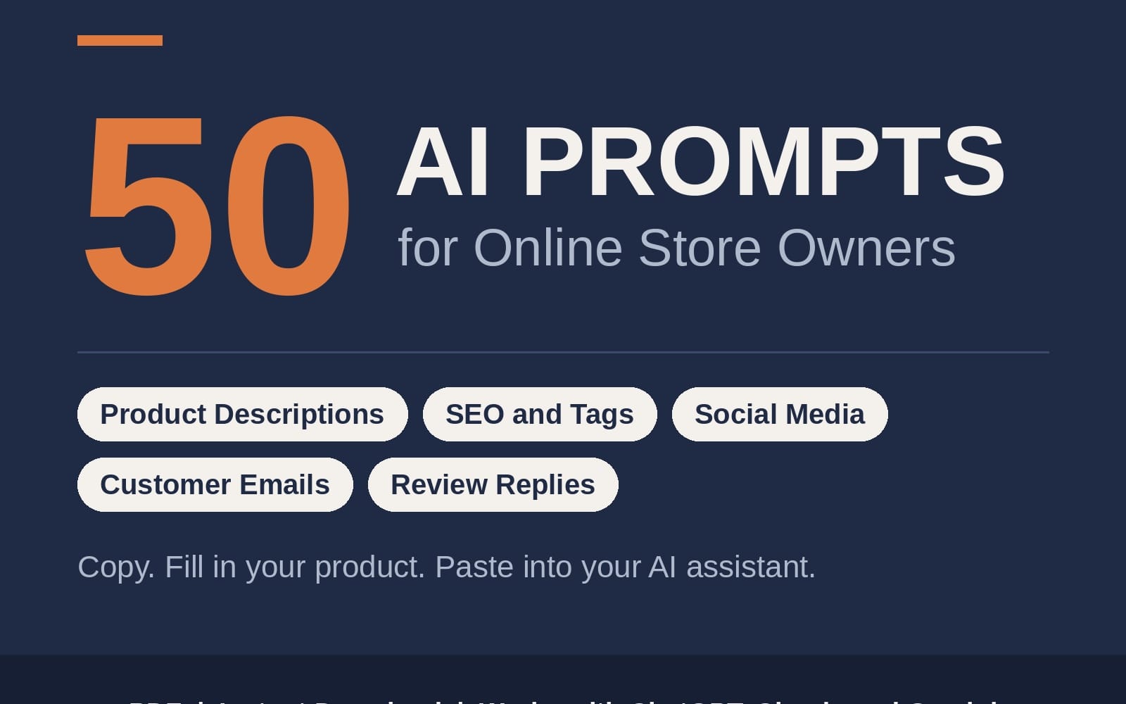 Design banner reading 50 AI PROMPTS for Online Store Owners with categories for product text, SEO, and customer messages