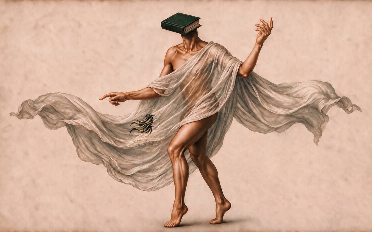 Alt Text (کوتاه و مناسب Getly): A faceless human figure shaped by a green book, symbolizing truth, knowledge, and the invisible forces that shape identity.