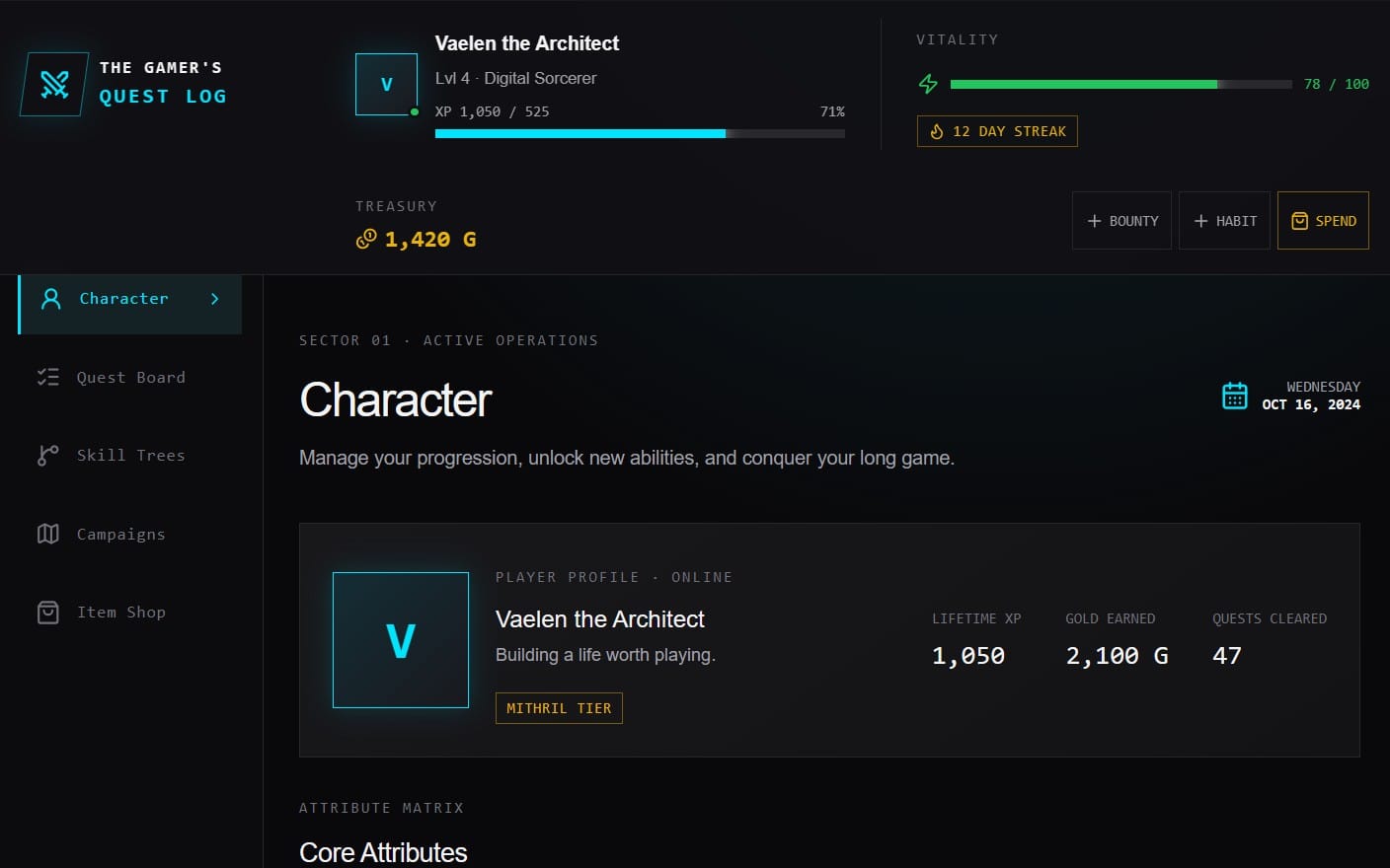 LifeQuest OS game dashboard UI with character profile, stats, and navigation menu on a dark screen