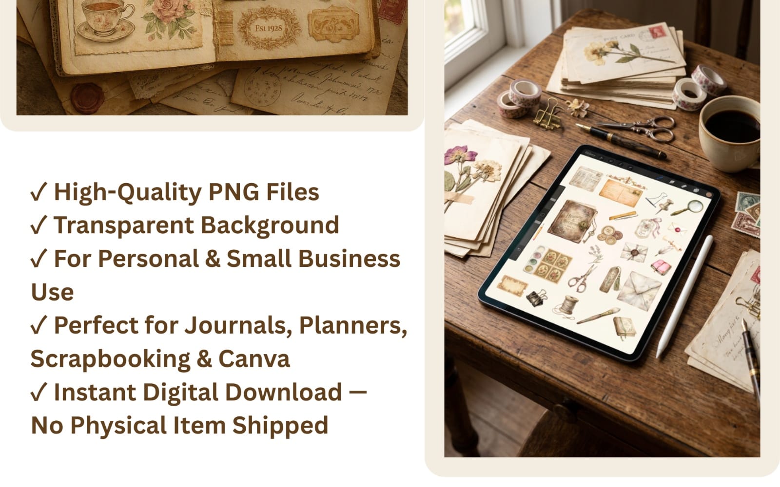 Vintage scrapbook clipart bundle preview with aged paper ephemera and stationery items on a digital listing card