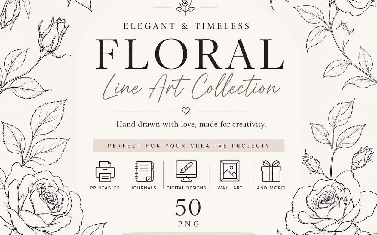 Botanical fine line art bundle cover with roses, leaves, and typography for a digital art collection