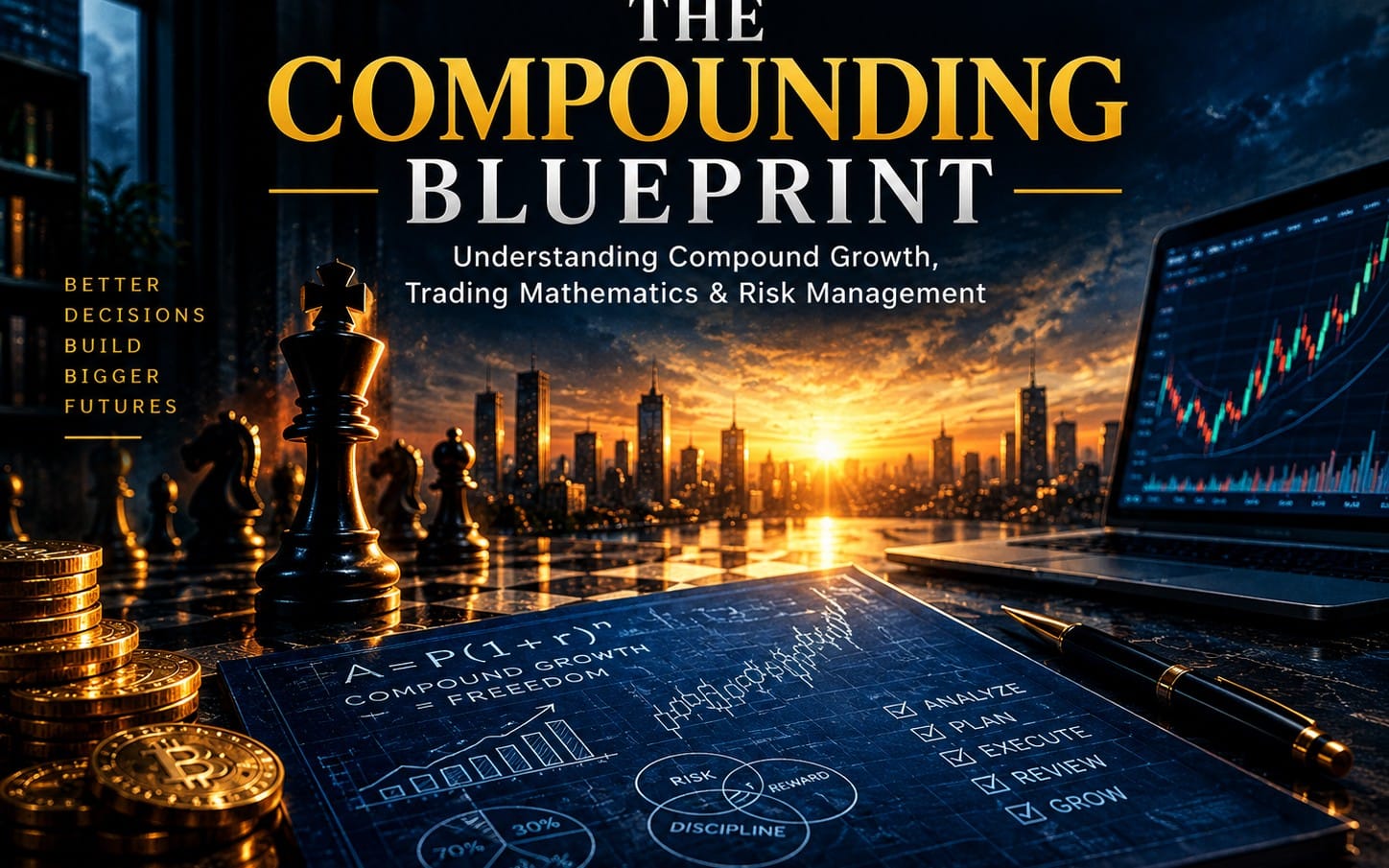 Digital trading blueprint banner for The Compounding Blueprint with city skyline, chess pieces, stock charts, and graphs