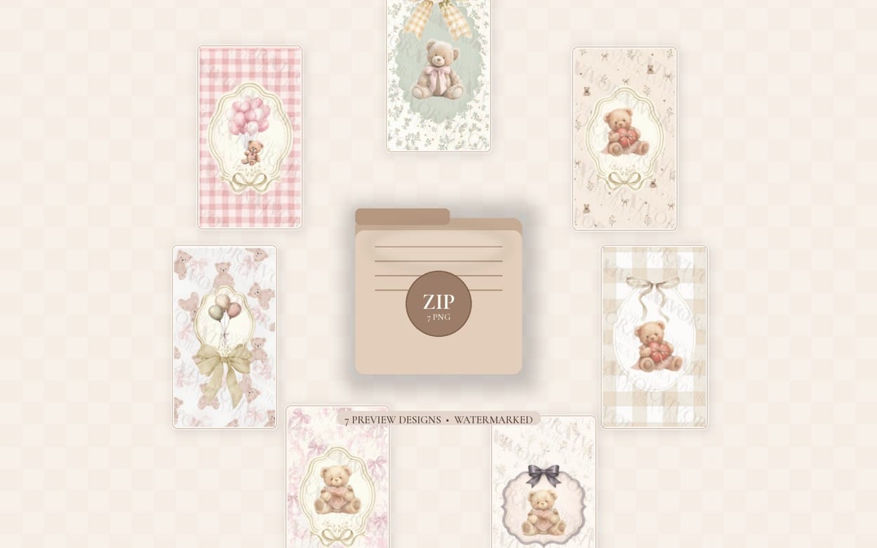 Set of seven teddy bear themed PNG dream collection designs with pastel cards and bears in badges and frames
