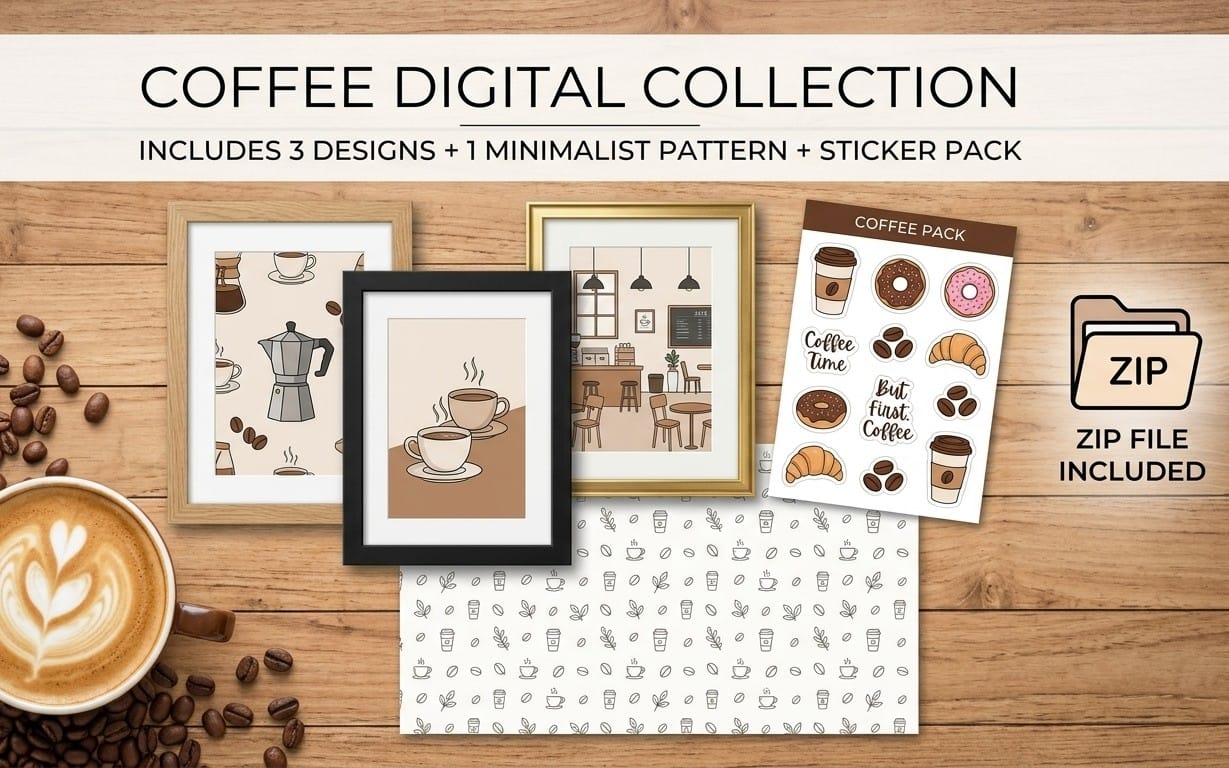 Coffee-themed vintage digital graphics set with framed posters, stickers, and zip file label on a wooden table