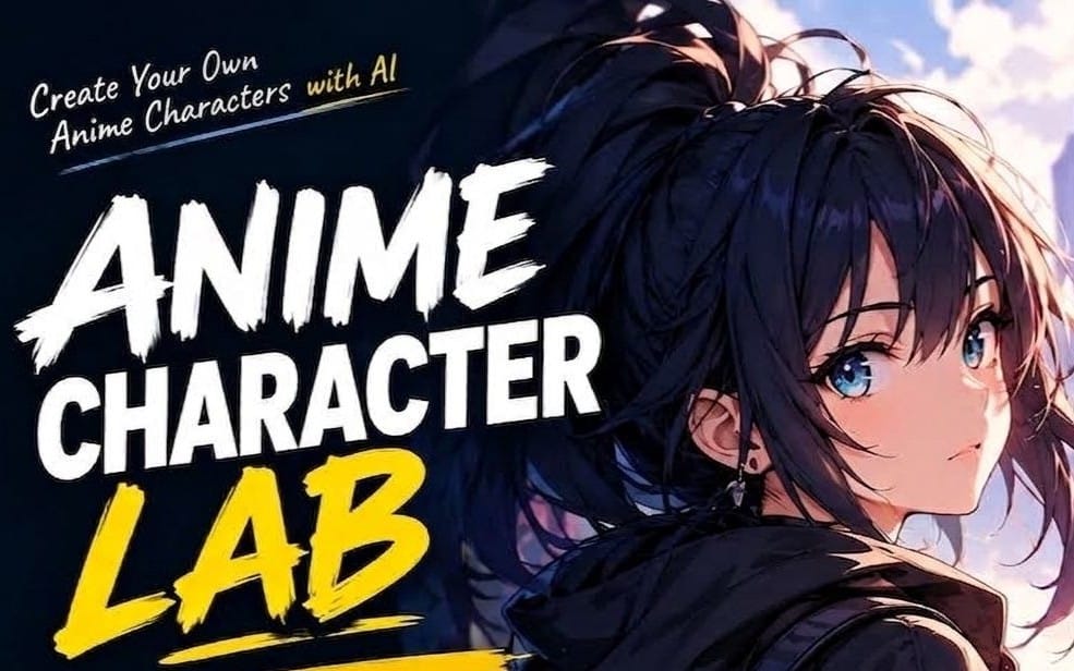 Anime character design guide banner with stylized title text and illustrated anime girl, for AI prompt recipes