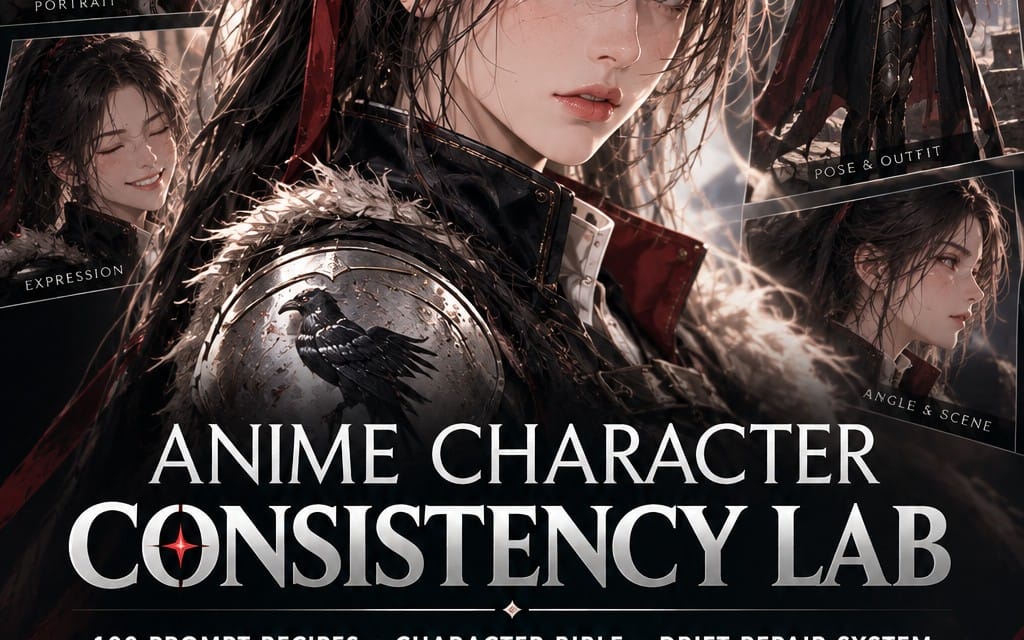 Anime character consistency lab banner with armored character closeups and bold title text on dark background