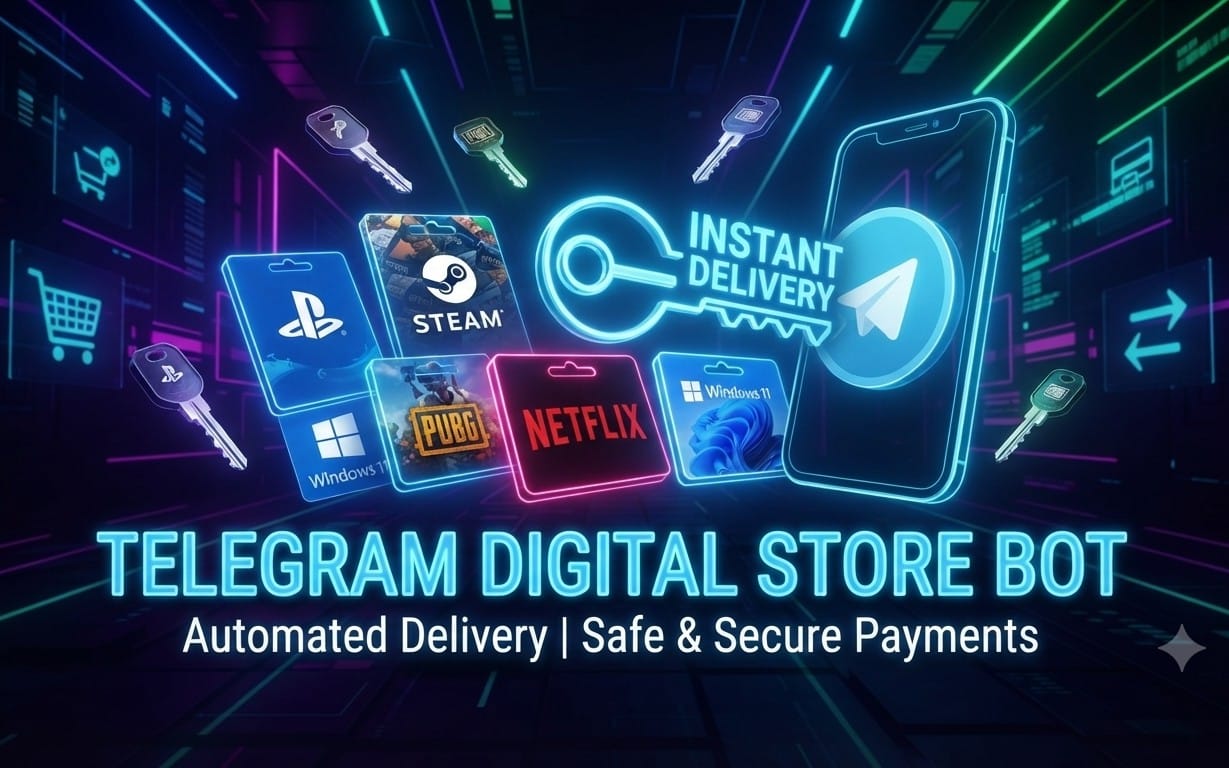 Telegram Digital Store bot promotional banner showing instant delivery concept and automated delivery script for