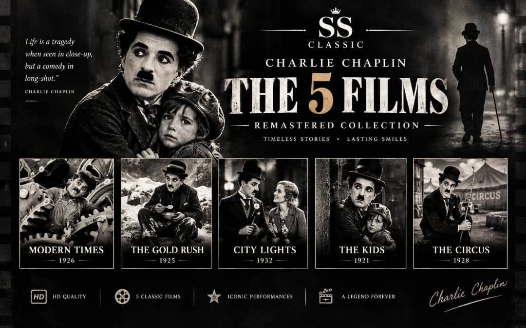 Promotional poster for HD remastered Classic Silent Films collection featuring Charlie Chaplin and five film titles
