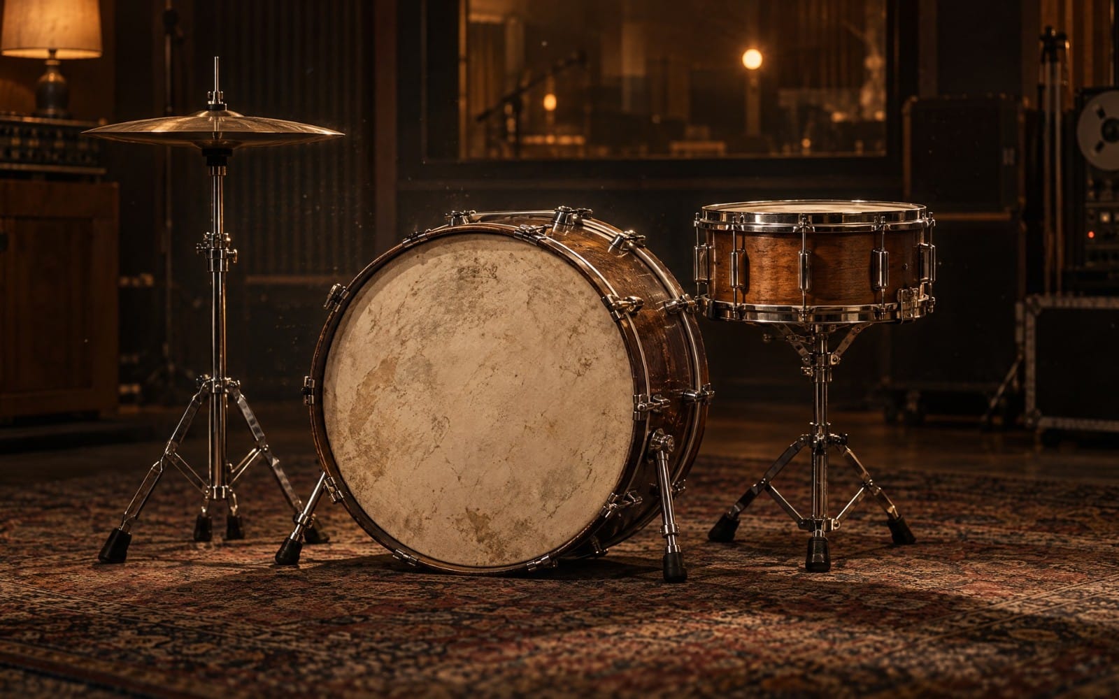 Vintage acoustic drum kit with kick drum, snare and hi-hat cymbal in a studio setting