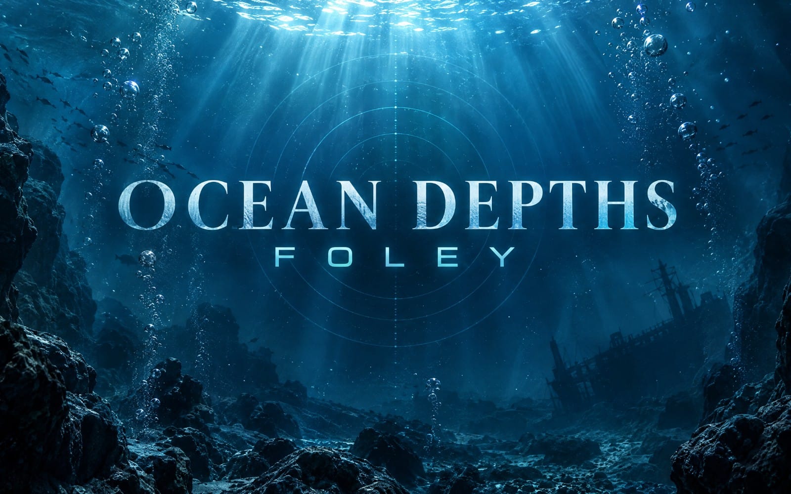 Underwater cinematic banner with bubbles, rays, dark rocks, shipwreck silhouettes, and Ocean Depths Foley submerged SFX