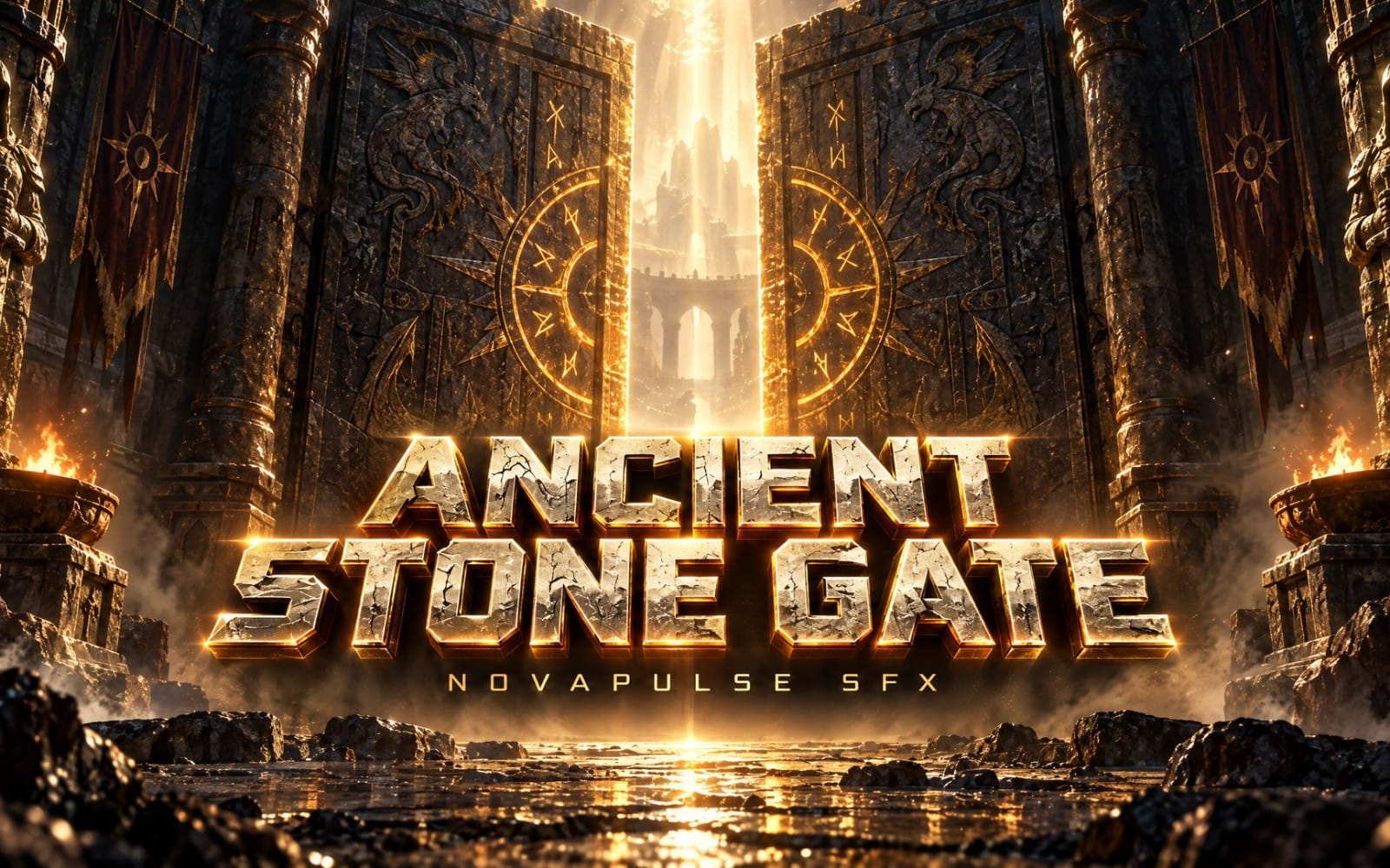 Futuristic sound effect artwork for Ancient Stone Gate dungeon mechanism, glowing gold runes and fiery portal