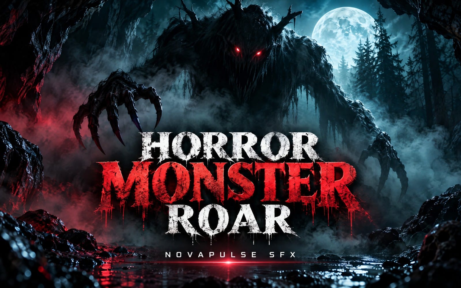 Horror monster roar sound effect cover art with a monstrous creature looming in a snowy forest at night