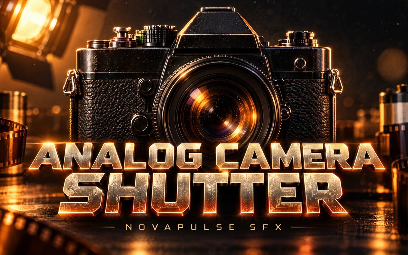 Vintage 35mm camera with illuminated ANAlOG CAMERA SHUTTER text for a sound effect pack