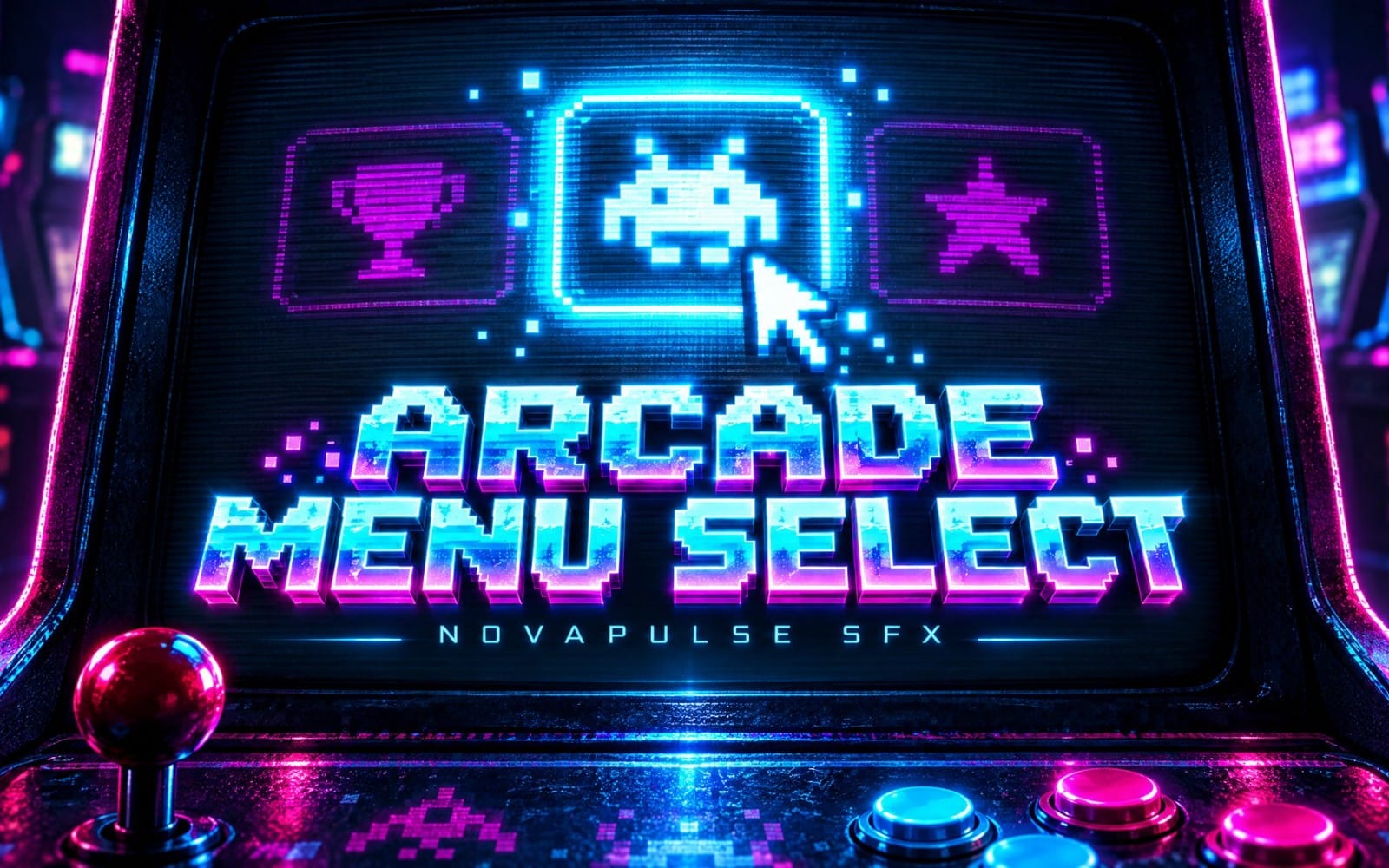 Neon retro arcade UI graphic with grid maze and glowing buttons, promoting a menu select confirmation sound effect pack