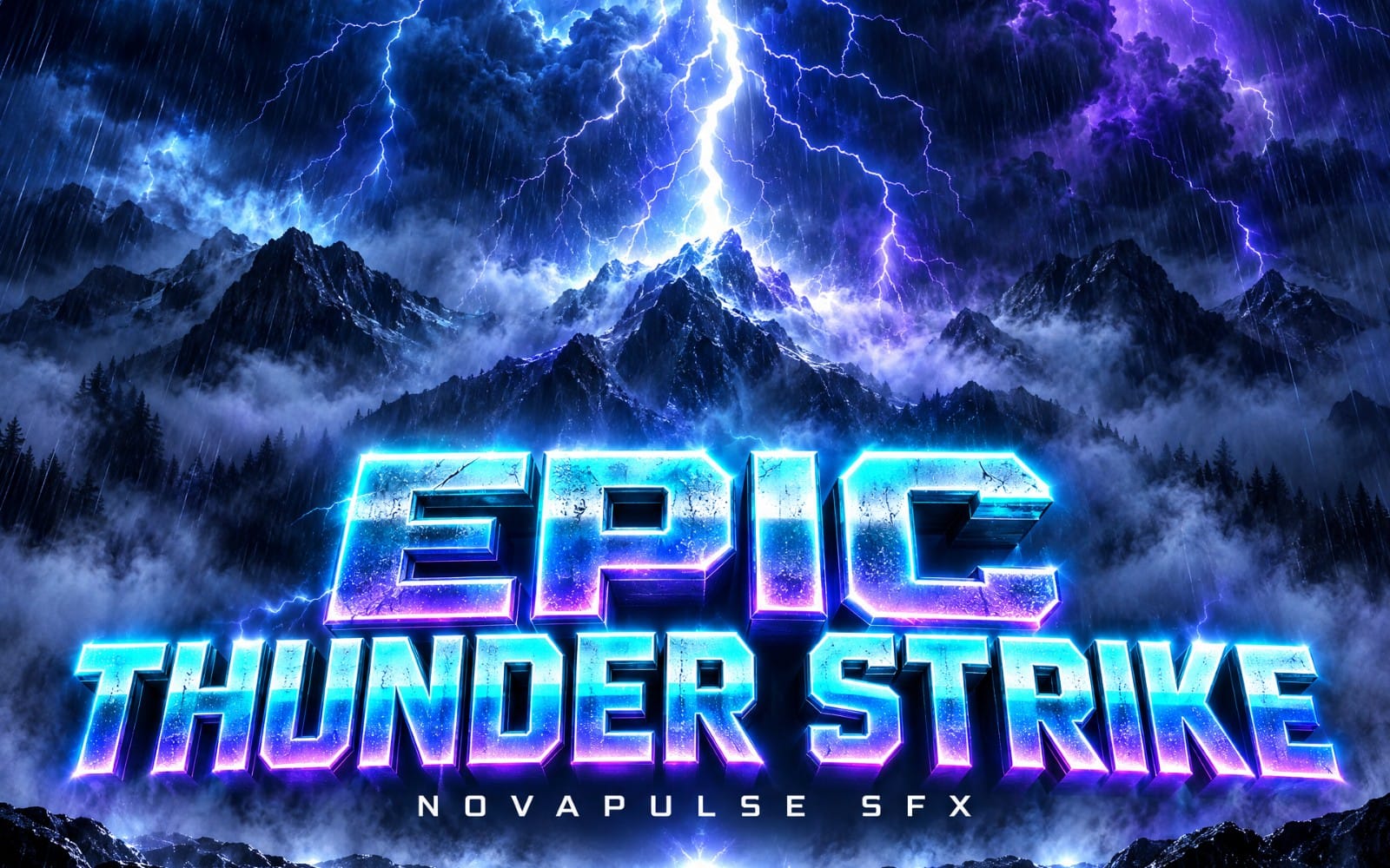 Cinematic storm thunder sound effect cover with glowing title text over lightning and mountains