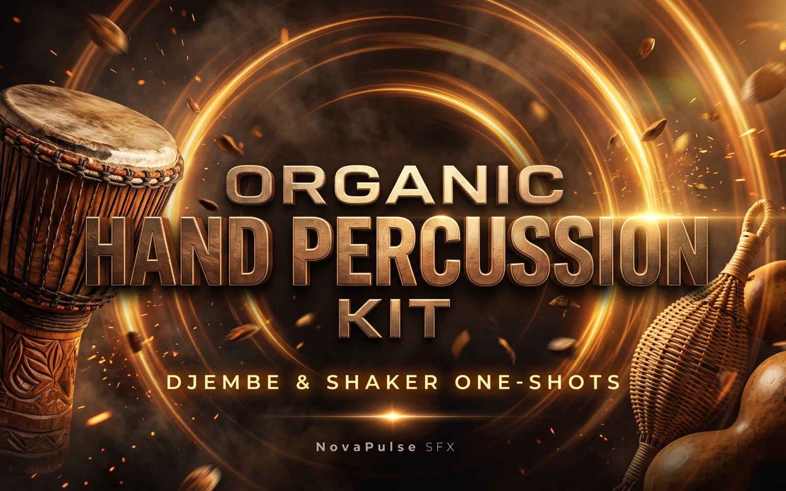 Close-up promotional banner for an organic hand percussion kit featuring a djembe, shaker, and golden sound text