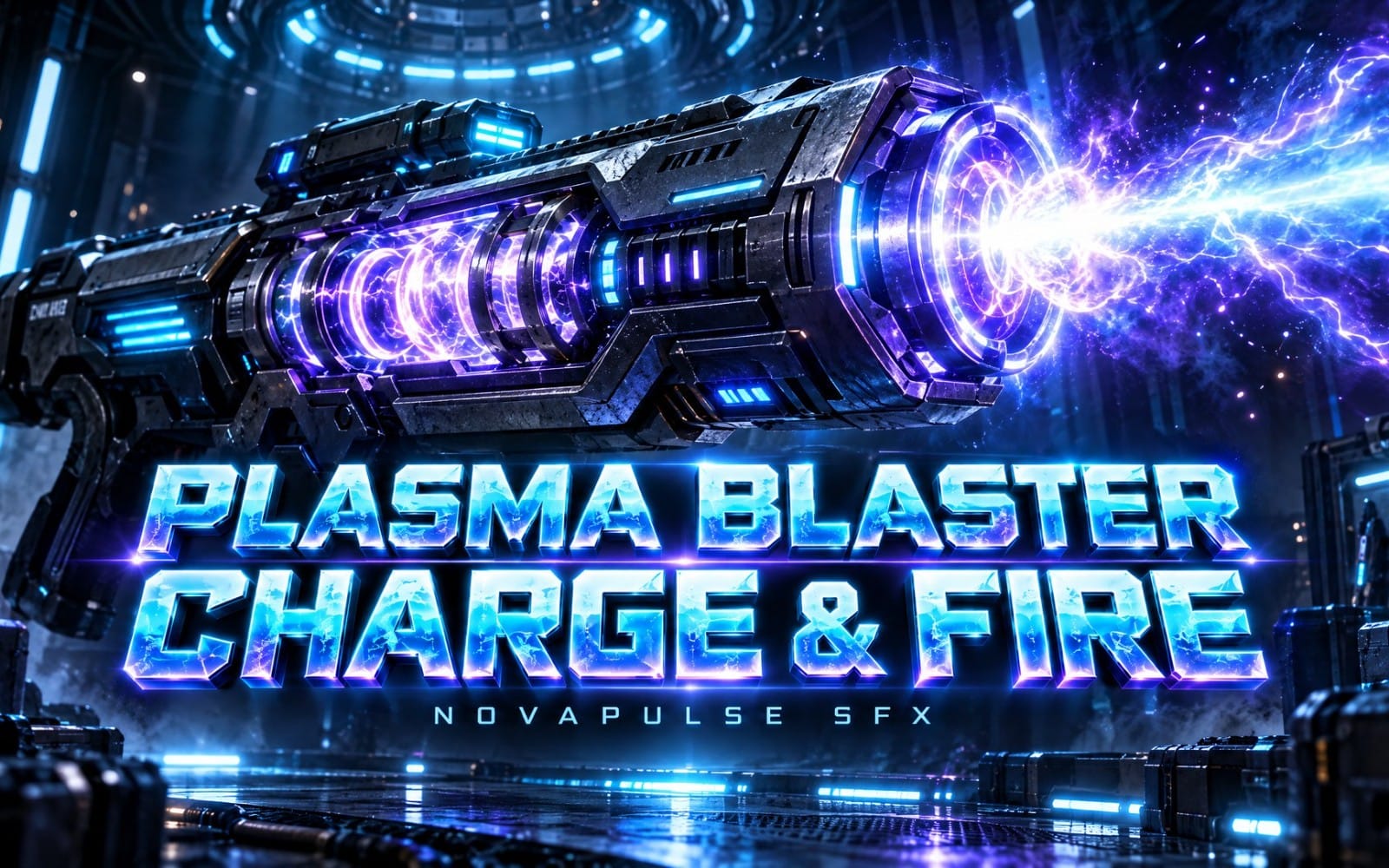 Sci-fi plasma blaster sound effects banner with glowing electric weapon and Blue text Plasma Blaster Charge & Fire