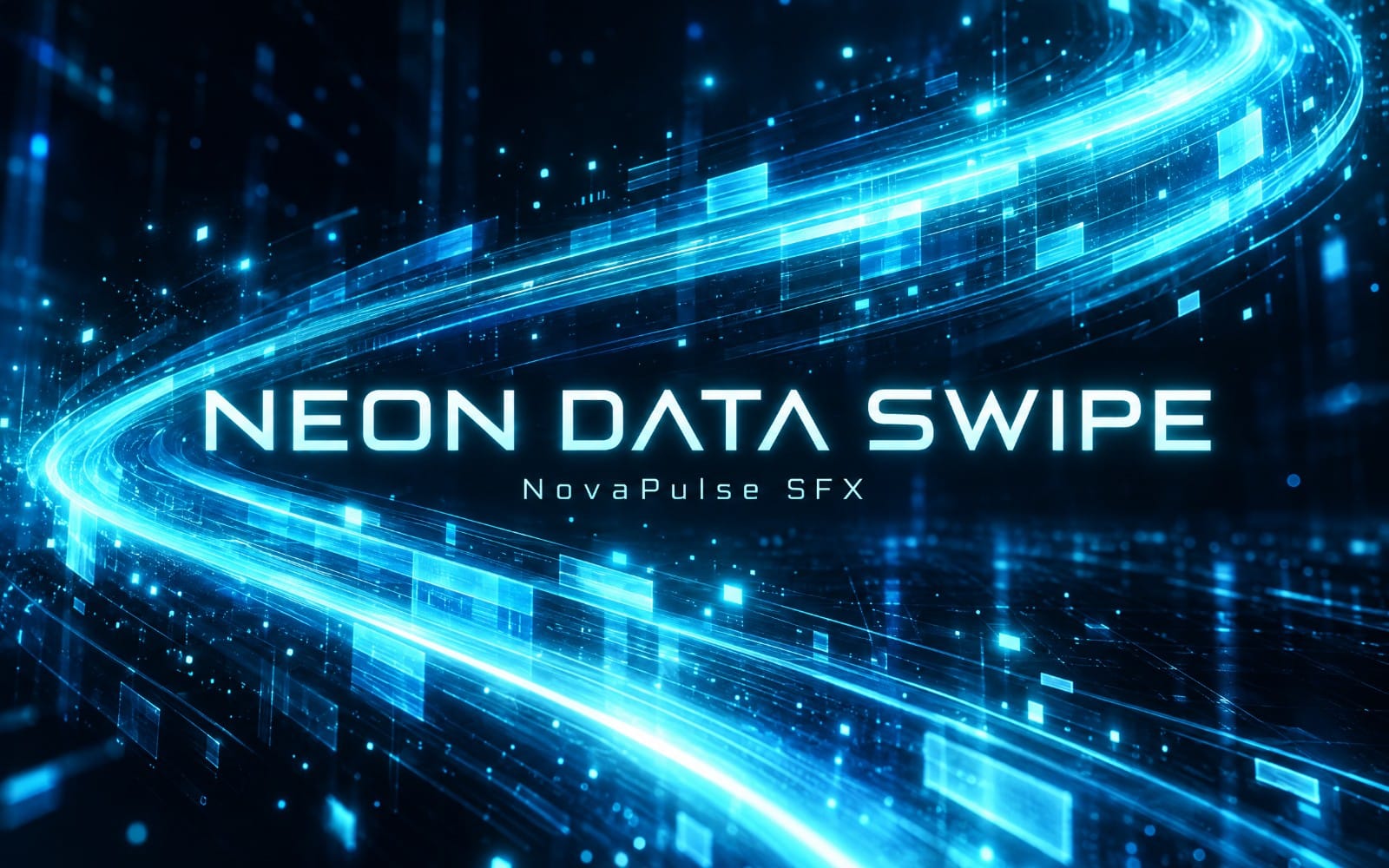 Neon blue futuristic data swipe sound effect banner with glowing lines and squares and the text Neon Data Swipe