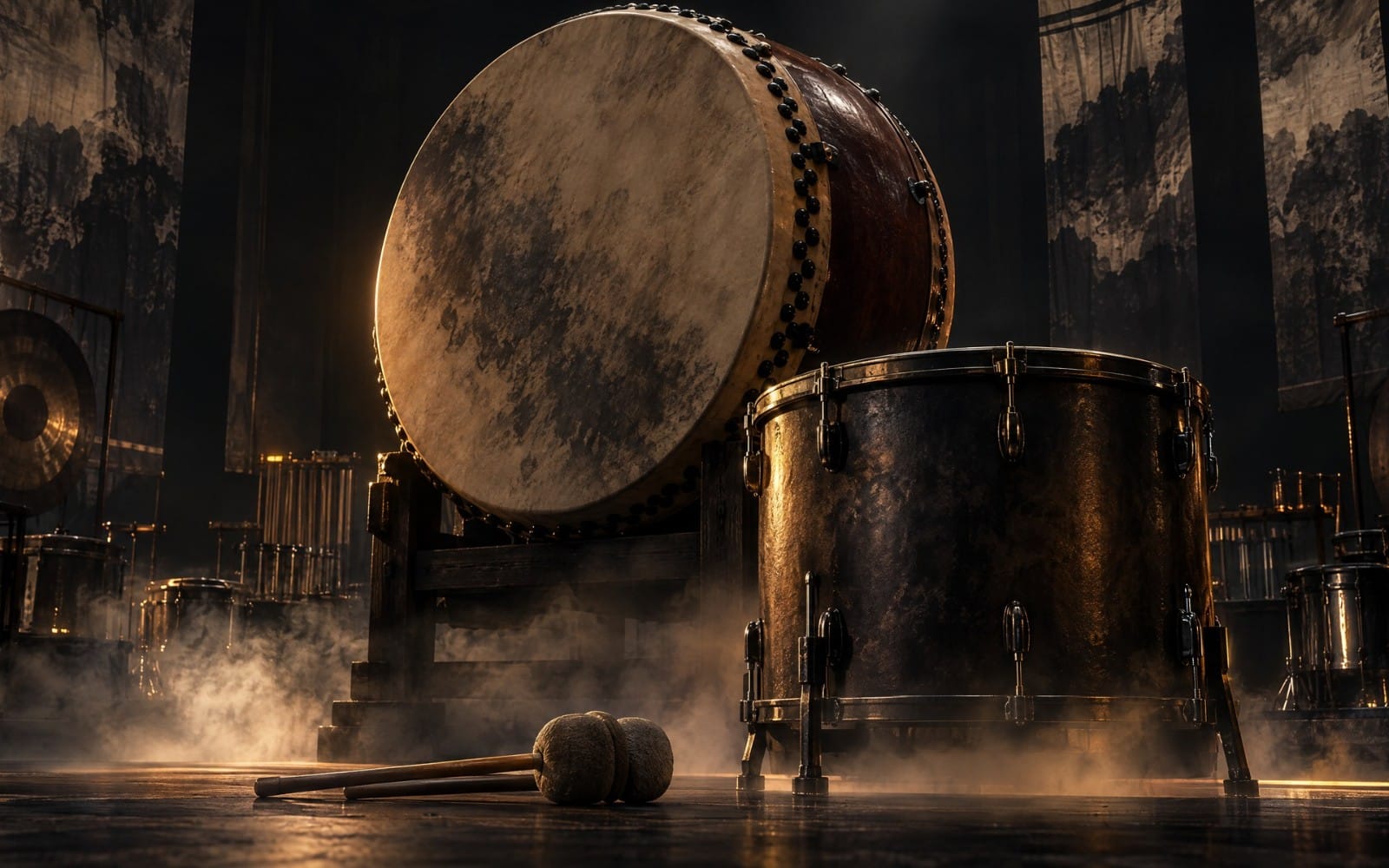 Cinematic hybrid drum impact kit featuring taiko style tom and snare drums with mallets in dramatic studio lighting
