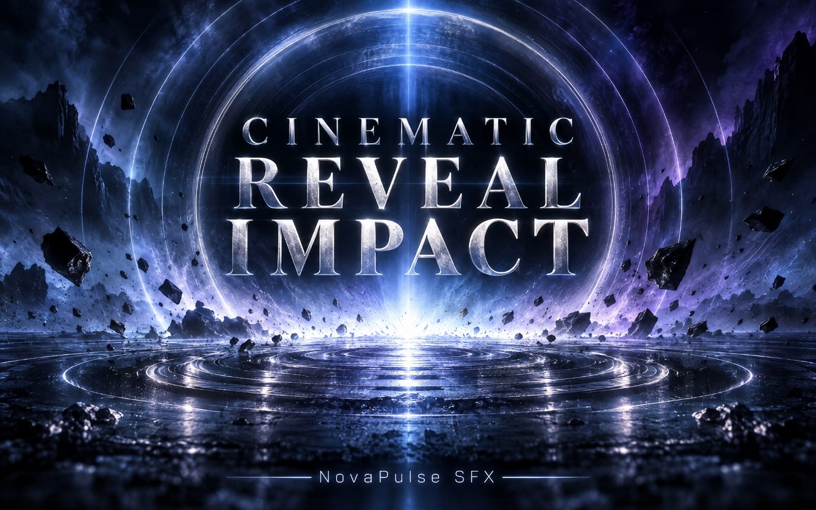 Cinematic trailer reveal sound effect cover with glowing circular portal, dark mountains, and explosive debris text