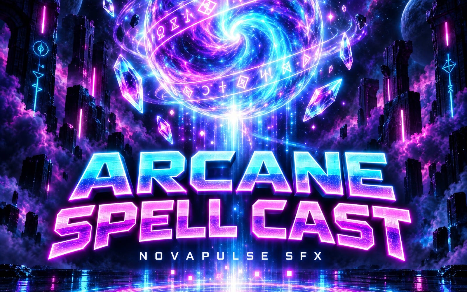 Arcane spell cast sound effect cover art with glowing blue-purple magic energy, runes, crystals, and fantasy skyline